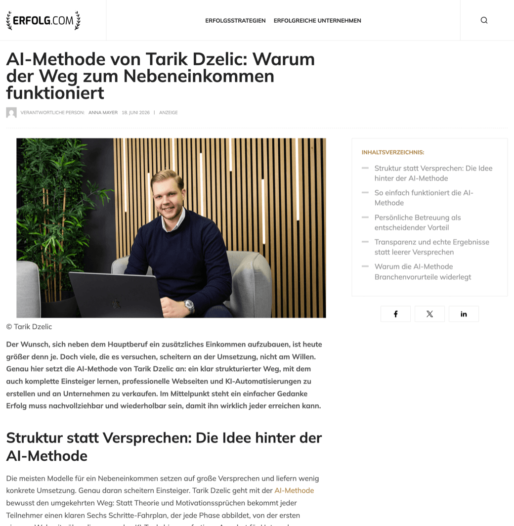 ERFOLG.com — AI-Methode von Tarik Dzelic: Warum der Weg zum Nebeneinkommen funktioniert
